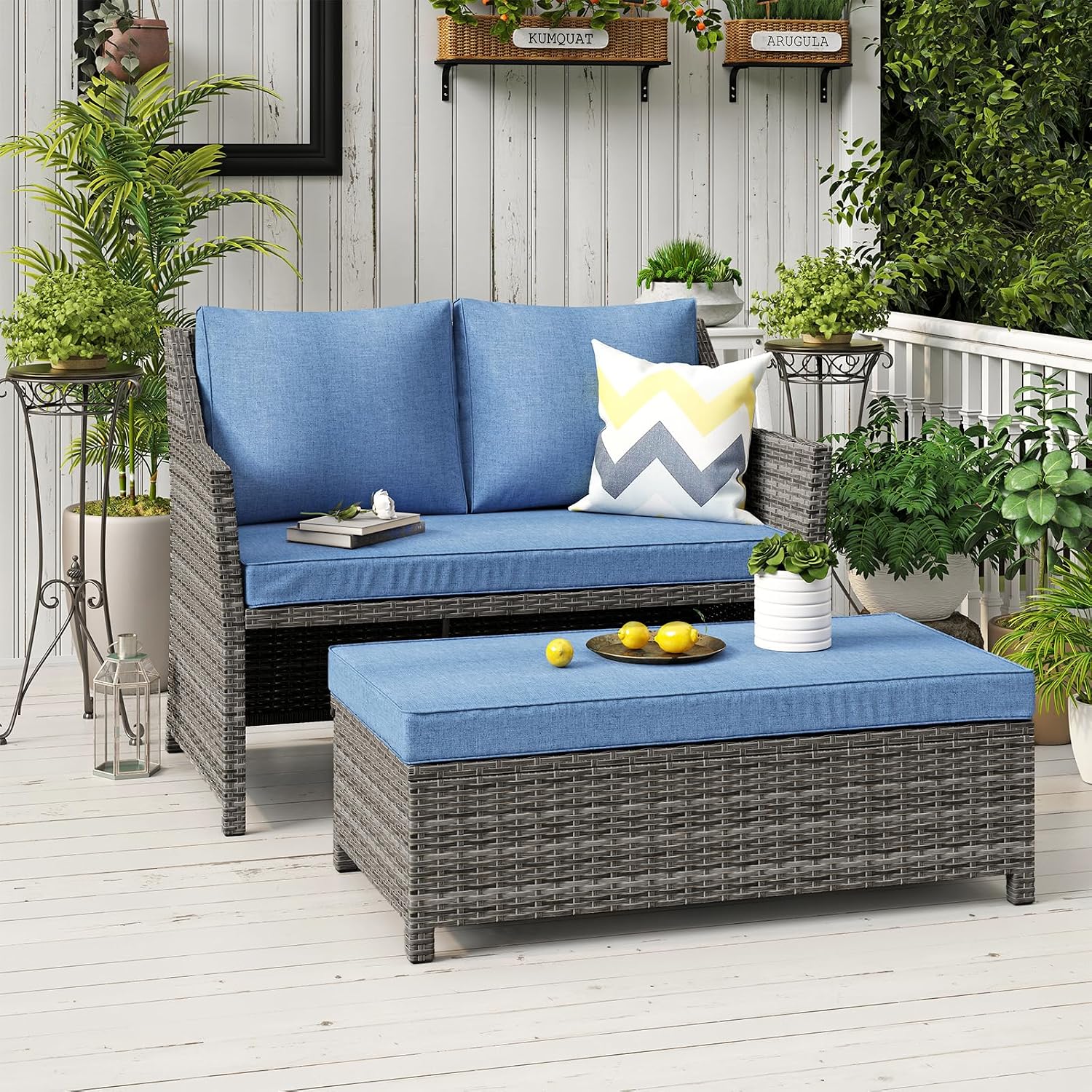 Outdoor Furniture With Storage For Cushions - Wicker Patio Loveseat w/Storage Ottoman, 2-Seat