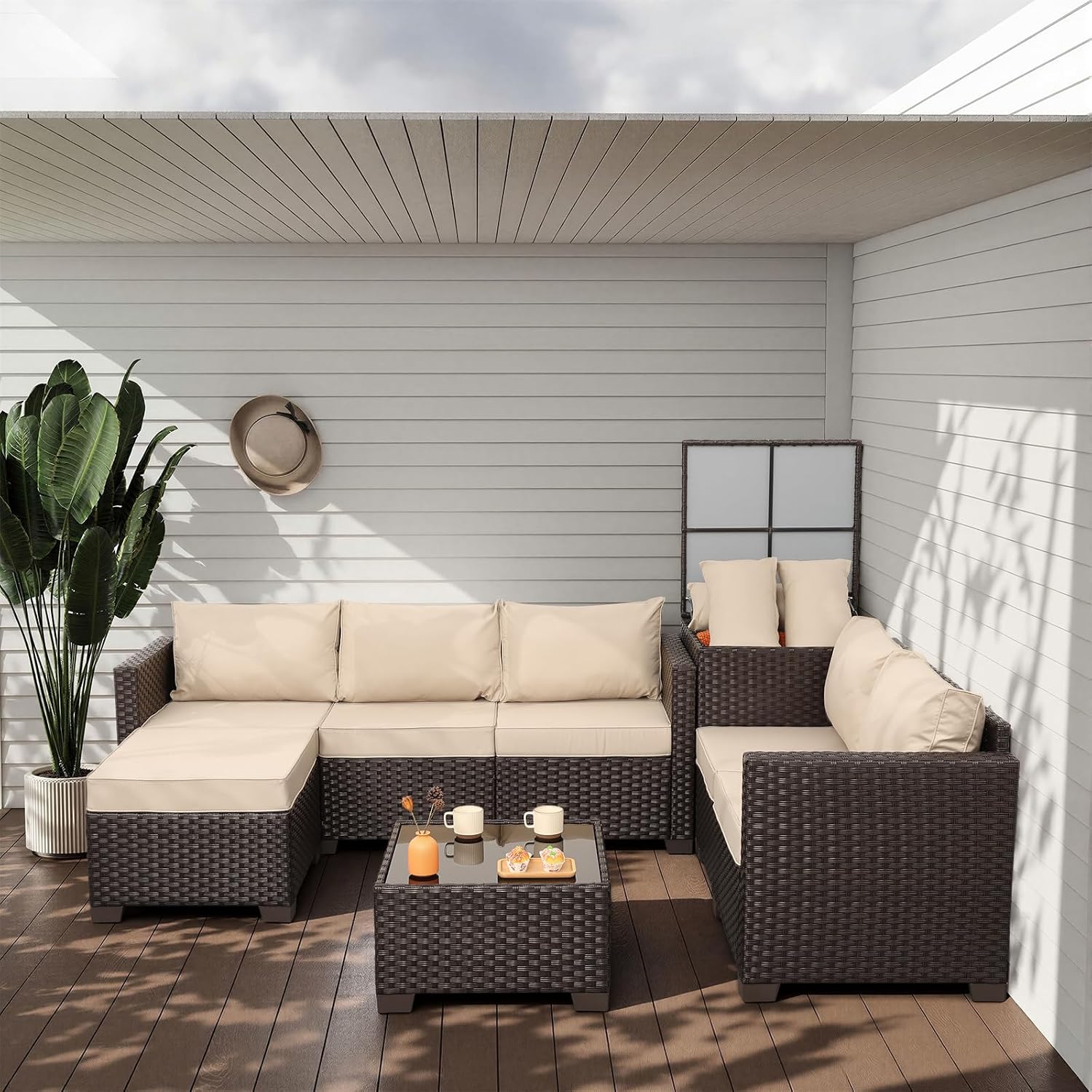Outdoor Furniture With Storage For Cushions - 5pc Brown Wicker Patio Furniture Set